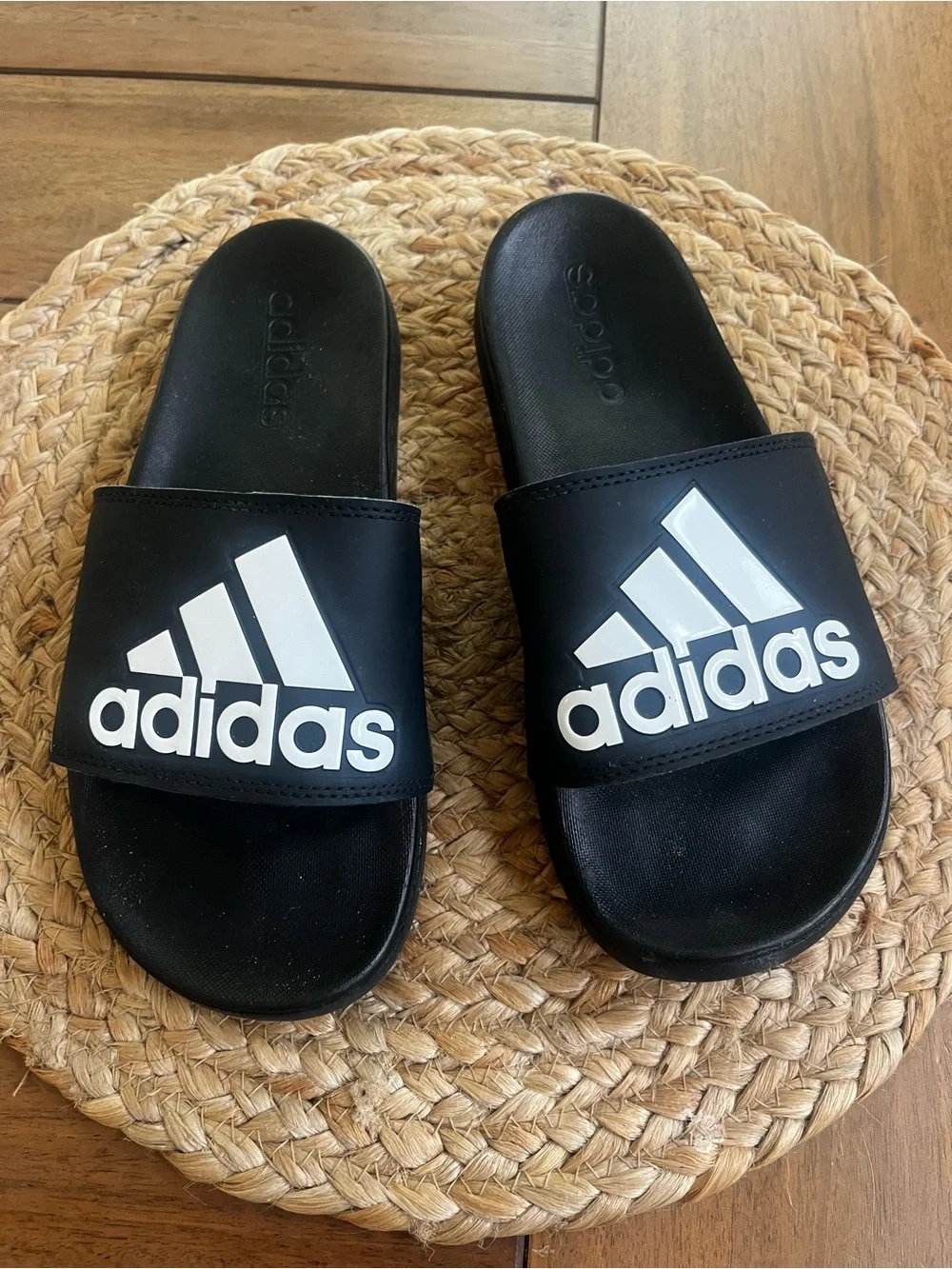 ADIDAS Black Slide Sandals with White Logo; Men’s size 6; will fit women size 8